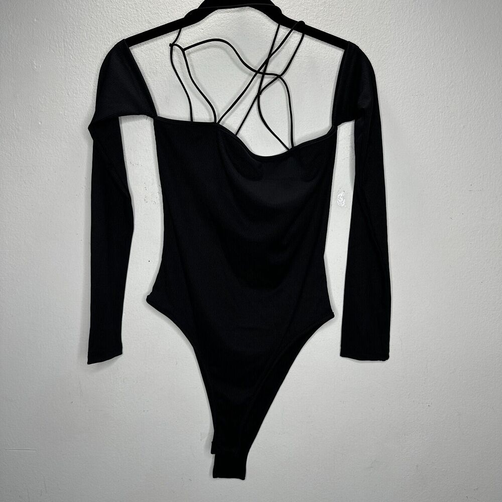 Black Bandeau Style Attached Arm Sleeve Criss Cross Back Bodysuit Snap Close M